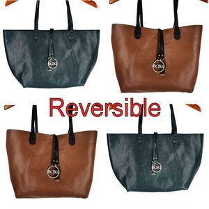 BCBG Reversible Tote Bag Textured Faux Leather Black Brown Gold Logo Charm